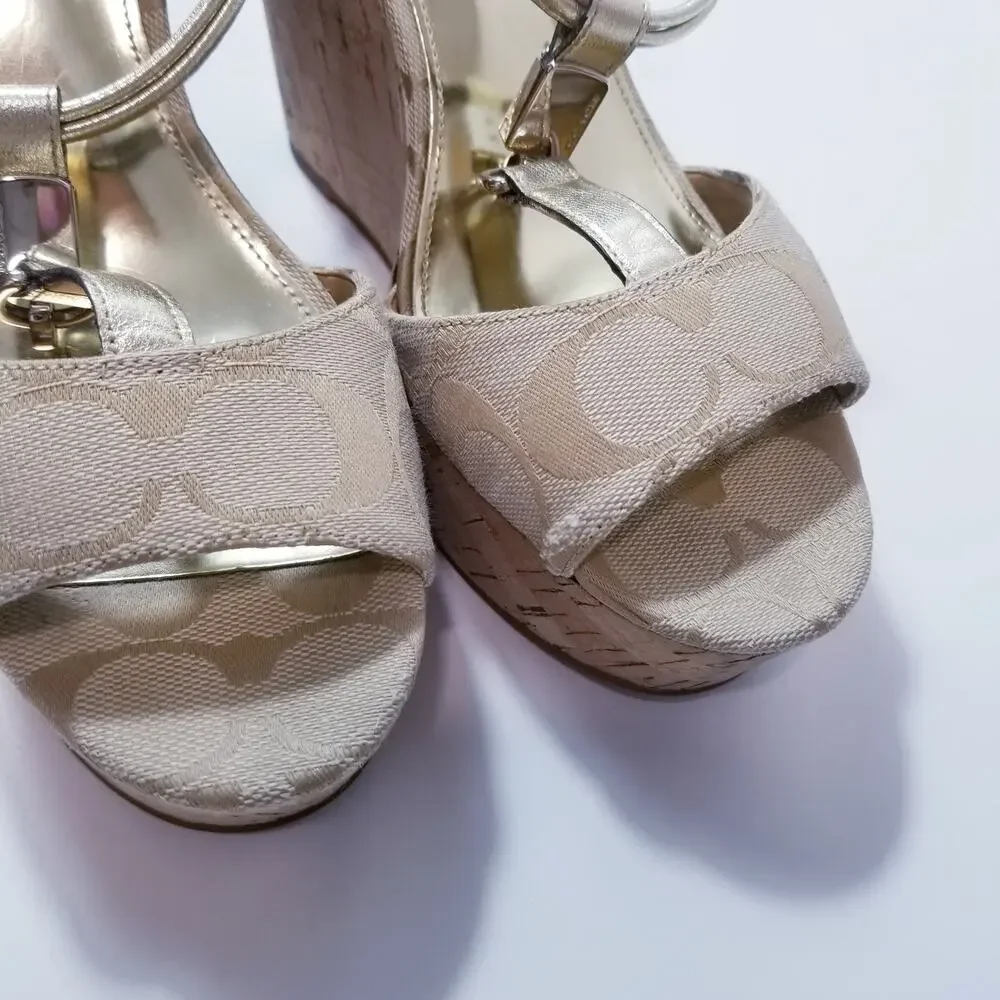 Coach Ivory Metallic Cork Wedge Sandals - Picture 12 of 13
